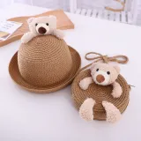 Kids Cute Bear Anti-UV Outdoor Beach Straw Sunhat with Bag Set
