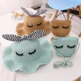 Kids Cartoon Bow Tie with Eyes Wide Brim Straw Beach Sunhat With Bag Set