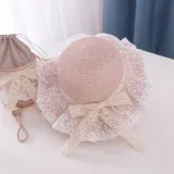 Kids Lace Bow Wide Brim Straw Beach Sunhat With Bucket Bag Set