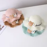 Mommy and Me Anti-UV Cartoon Bear Outdoor Beach Straw Sunhat with Bag Set