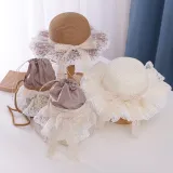 Kids Lace Bow Wide Brim Straw Beach Sunhat With Bucket Bag Set