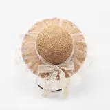 Kids Anti-UV Lace Bow Tie Outdoor Beach Straw Sunhat