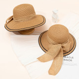 Mommy and Me Anti-UV Bow Tie Wide Brim Outdoor Beach Straw Sunhat