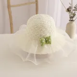 Kids Anti-UV Cute Wide Brim Lace Bow Outdoor Beach Sunhat with Bucket Bag Set