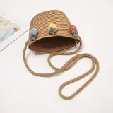 Kids Cartoon Wide Brim Straw Beach Sunhat With Bag Set