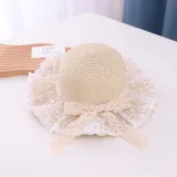 Kids Lace Bow Wide Brim Straw Beach Sunhat With Bucket Bag Set