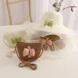 Kids Anti-UV Cute Wide Brim Lace Bow Outdoor Beach Sunhat with Bucket Bag Set
