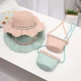 Kids Anti-UV Pearl Lace Outdoor Beach Straw Sunhat with Bag Set