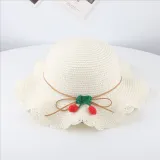 Kids Cartoon Cherry Wide Brim Straw Beach Sunhat With Bucket Bag Set