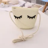 Kids Cartoon Bow Tie with Eyes Wide Brim Straw Beach Sunhat With Bag Set