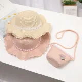 Kids Anti-UV Pearl Lace Outdoor Beach Straw Sunhat with Bag Set