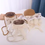 Kids Lace Bow Wide Brim Straw Beach Sunhat With Bucket Bag Set