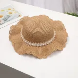 Kids Anti-UV Pearl Lace Outdoor Beach Straw Sunhat with Bag Set