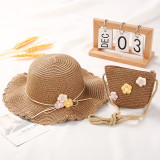 Kids Flower Straw Beach Wide Brim Sunhat With Bag Set