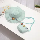 Kids Cartoon Wide Brim Straw Beach Sunhat With Bag Set