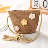 Kids Flower Straw Beach Wide Brim Sunhat With Bag Set