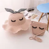 Kids Cartoon Bow Tie with Eyes Wide Brim Straw Beach Sunhat With Bag Set