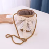 Kids Lace Bow Wide Brim Straw Beach Sunhat With Bucket Bag Set