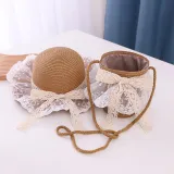 Kids Lace Bow Wide Brim Straw Beach Sunhat With Bucket Bag Set