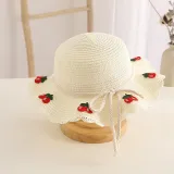 Kids Anti-UV Wide Brim Cherry Pattern Outdoor Beach Sunhat with Bag Set