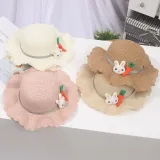 Kids Anti-UV Rabbit and Carrot Outdoor Beach Straw Sunhat with Bag Set