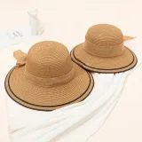 Mommy and Me Anti-UV Bow Tie Wide Brim Outdoor Beach Straw Sunhat