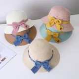 Mommy and Me Anti-UV Pure Color Outdoor Beach Straw Sunhat with Bag Set