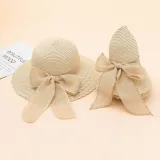 Mommy and Me Anti-UV Bow Tie Wide Brim Outdoor Beach Straw Sunhat