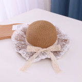 Kids Lace Bow Wide Brim Straw Beach Sunhat With Bucket Bag Set