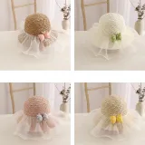 Kids Anti-UV Cute Wide Brim Lace Bow Outdoor Beach Sunhat with Bucket Bag Set