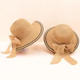 Mommy and Me Anti-UV Bow Tie Wide Brim Outdoor Beach Straw Sunhat