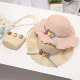 Kids Cartoon Wide Brim Straw Beach Sunhat With Bag Set