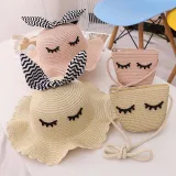 Kids Cartoon Bow Tie with Eyes Wide Brim Straw Beach Sunhat With Bag Set