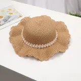 Kids Anti-UV Pearl Lace Outdoor Beach Straw Sunhat with Bag Set