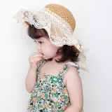 Kids Anti-UV Lace Bow Tie Outdoor Beach Straw Sunhat