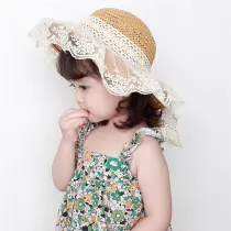 Kids Anti-UV Lace Bow Tie Outdoor Beach Straw Sunhat