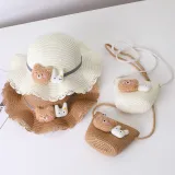 Mommy and Me Anti-UV Cartoon Bear Outdoor Beach Straw Sunhat with Bag Set