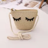 Kids Cartoon Bow Tie with Eyes Wide Brim Straw Beach Sunhat With Bag Set