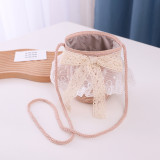 Kids Lace Bow Wide Brim Straw Beach Sunhat With Bucket Bag Set