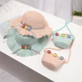Kids Cartoon Wide Brim Straw Beach Sunhat With Bag Set