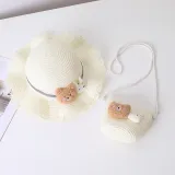 Mommy and Me Anti-UV Cartoon Bear Outdoor Beach Straw Sunhat with Bag Set