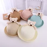 Kids Cute Bear Anti-UV Outdoor Beach Straw Sunhat with Bag Set