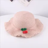 Kids Cartoon Cherry Wide Brim Straw Beach Sunhat With Bucket Bag Set