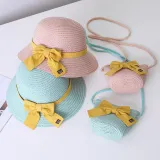 Mommy and Me Anti-UV Pure Color Outdoor Beach Straw Sunhat with Bag Set