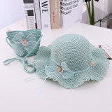 Kids Anti-UV Wide Brim Lace Bow Flower Outdoor Beach Sunhat with Bucket Bag Set