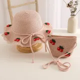 Kids Anti-UV Wide Brim Cherry Pattern Outdoor Beach Sunhat with Bag Set