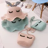 Kids Cartoon Bow Tie with Eyes Wide Brim Straw Beach Sunhat With Bag Set