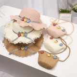 Kids Cartoon Wide Brim Straw Beach Sunhat With Bag Set