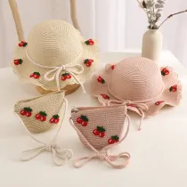 Kids Anti-UV Wide Brim Cherry Pattern Outdoor Beach Sunhat with Bag Set