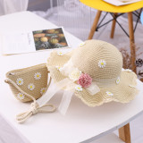 Kids Flower Bow Tie Wide Brim Straw Beach Sunhat With Bag Set